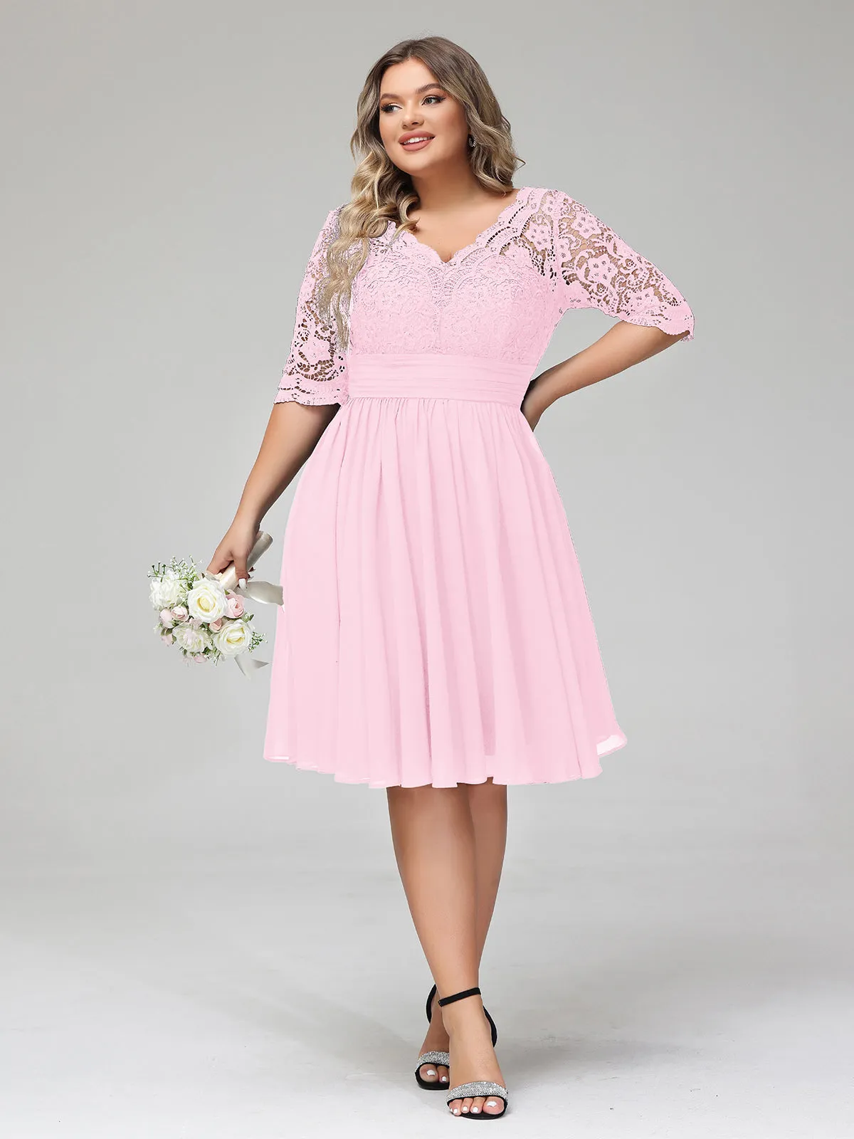 Lace and Chiffon Short Dress with Half Sleeves Candy Pink