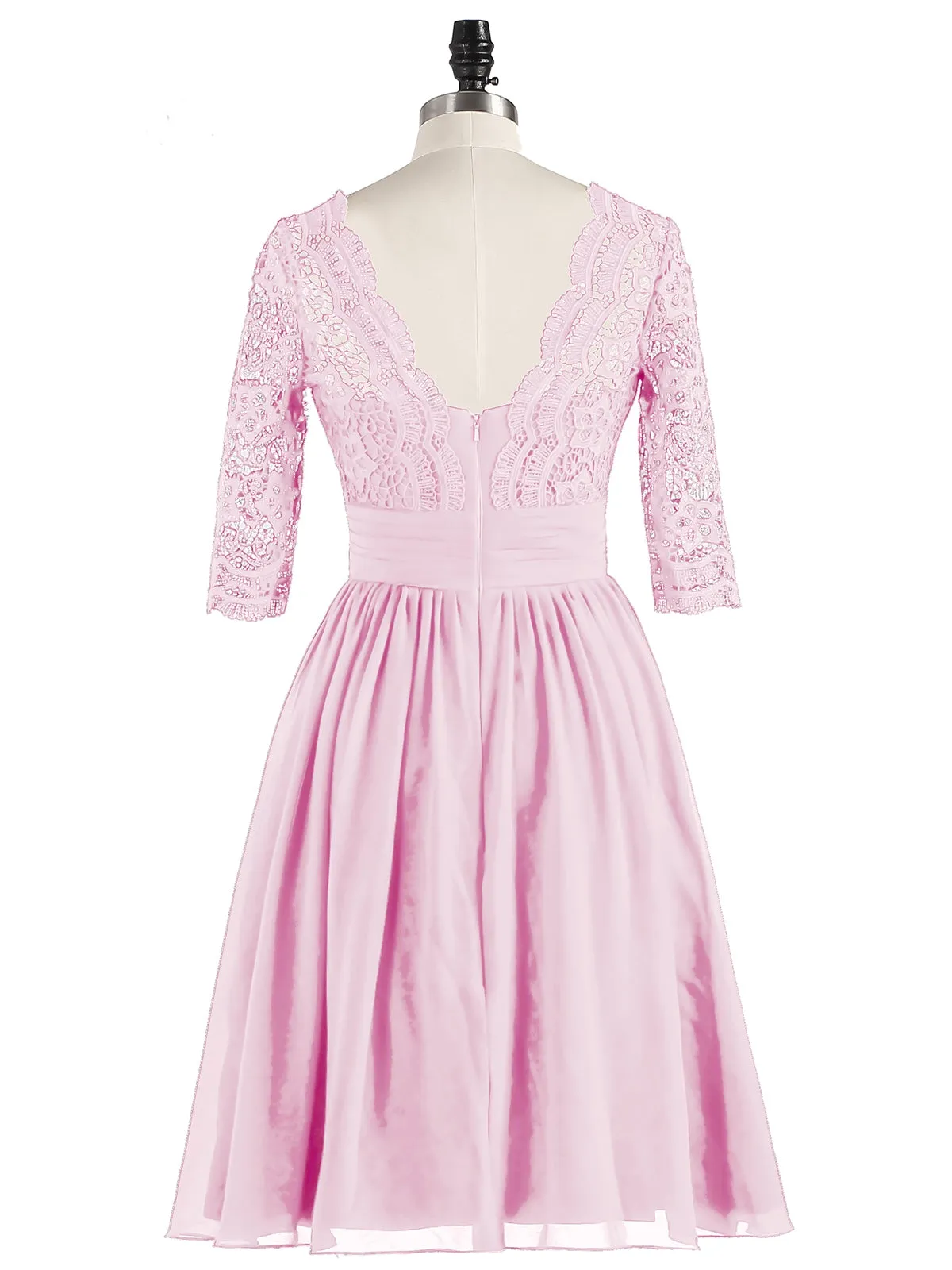 Lace and Chiffon Short Dress with Half Sleeves Candy Pink