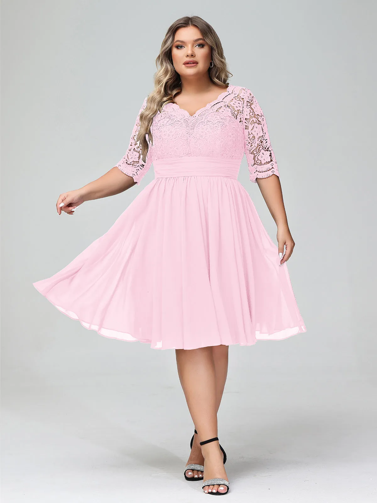 Lace and Chiffon Short Dress with Half Sleeves Candy Pink