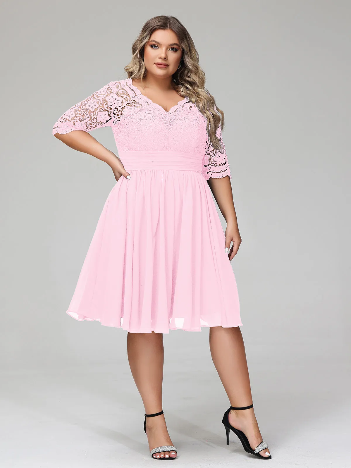 Lace and Chiffon Short Dress with Half Sleeves Candy Pink