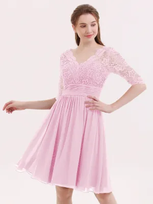 Lace and Chiffon Short Dress with Half Sleeves Candy Pink