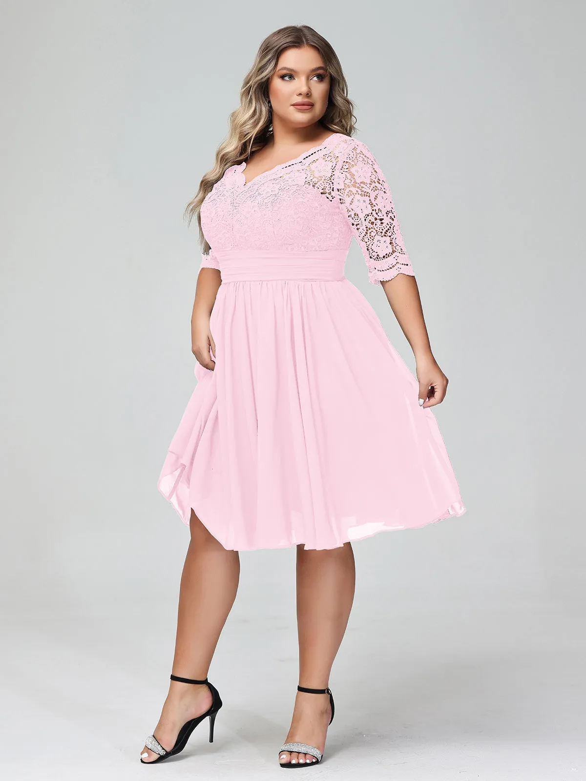 Lace and Chiffon Short Dress with Half Sleeves Candy Pink