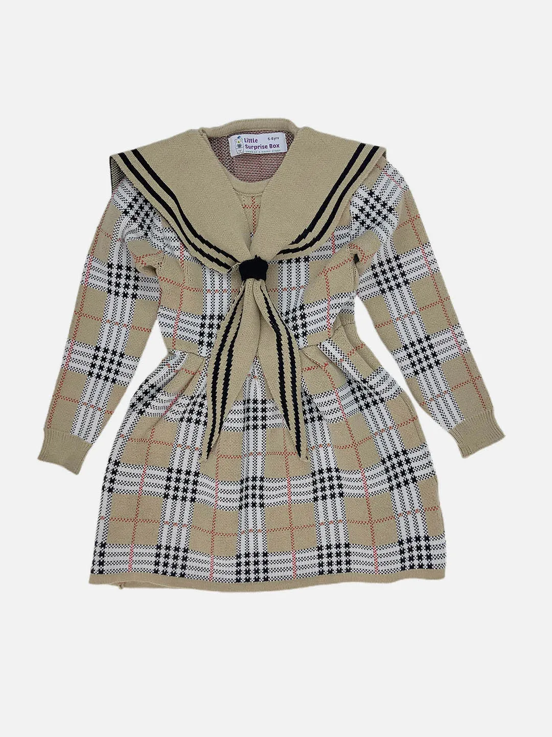 Little Surprise Box Beige sailor Checkered Collar Knitted Frock Winterwear for girls