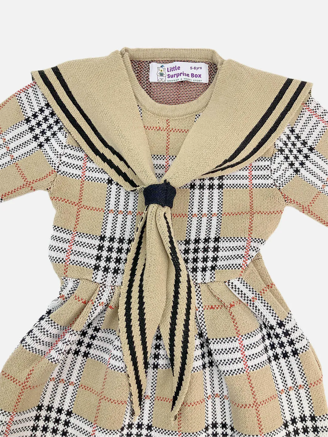 Little Surprise Box Beige sailor Checkered Collar Knitted Frock Winterwear for girls