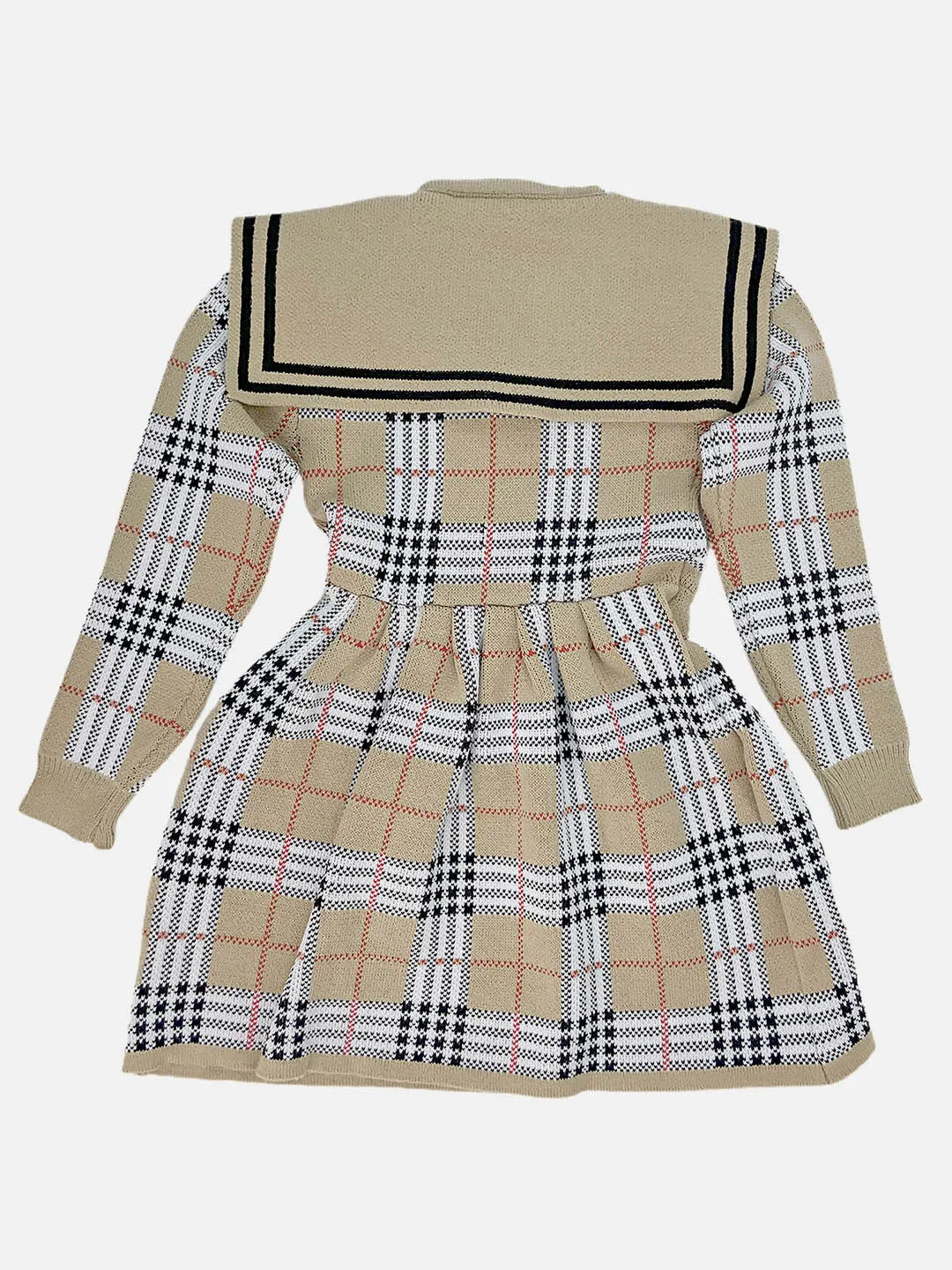 Little Surprise Box Beige sailor Checkered Collar Knitted Frock Winterwear for girls