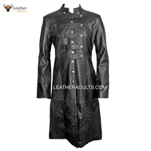 Mens Black Cowhide Leather Long Matrix Trench Coat Goth Steampunk Van Helsing Gothic Trench Coat New