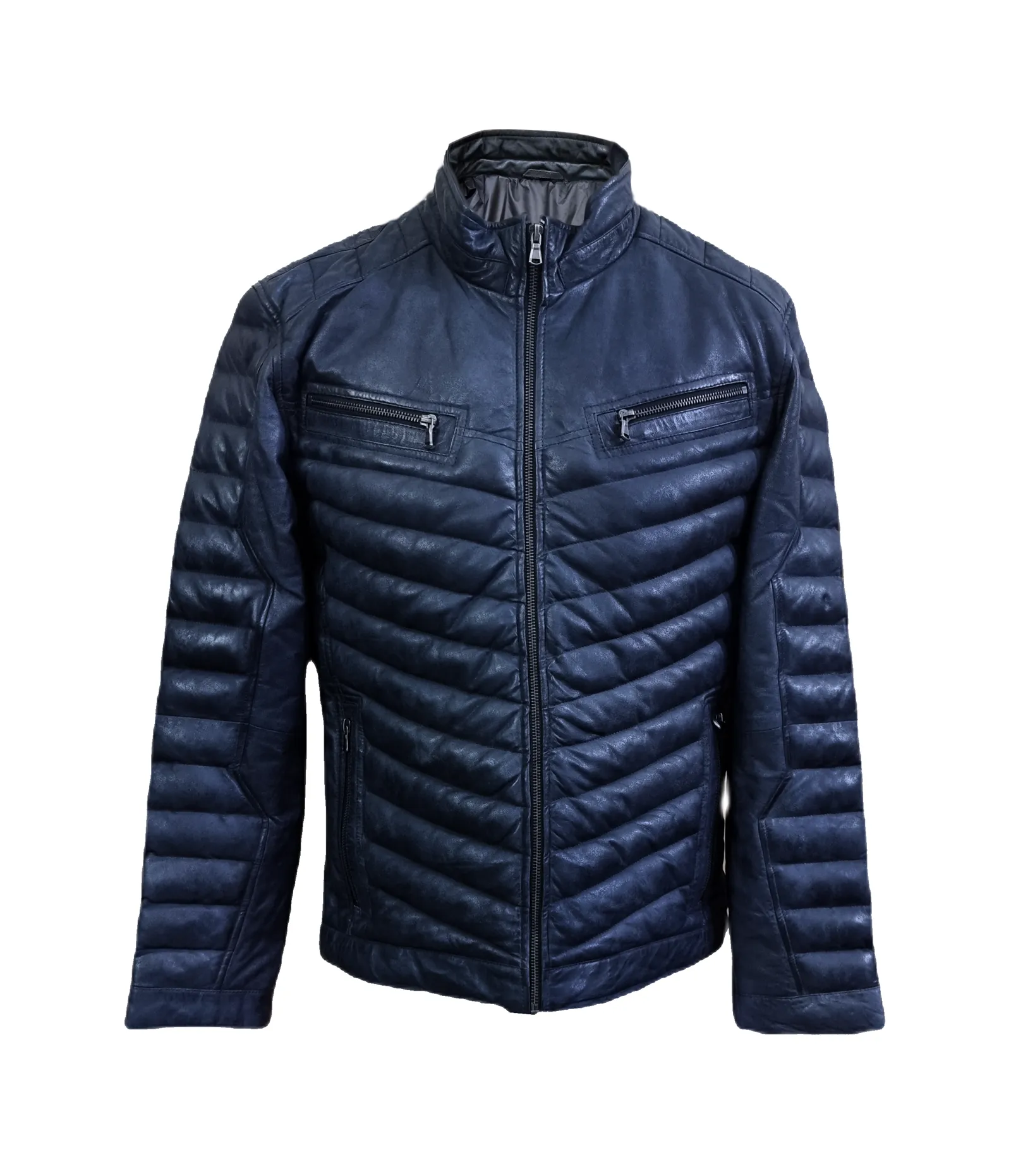 Mens Real Leather Jacket Biker Style Lambskin Blue Leather Stylish Quilted Puffer Jacket - ELM45