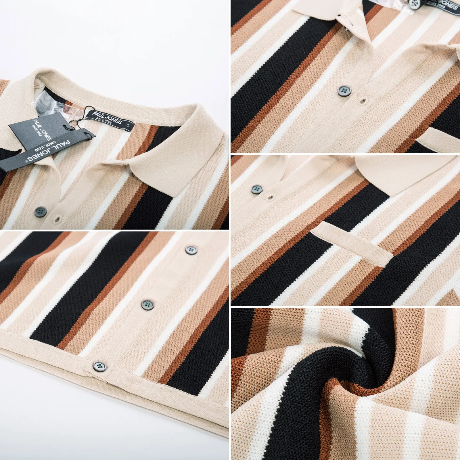 Men’s Short Sleeve Knit Shirt Vintage Stripe Lapel Collar Polo Cardigans Shirts