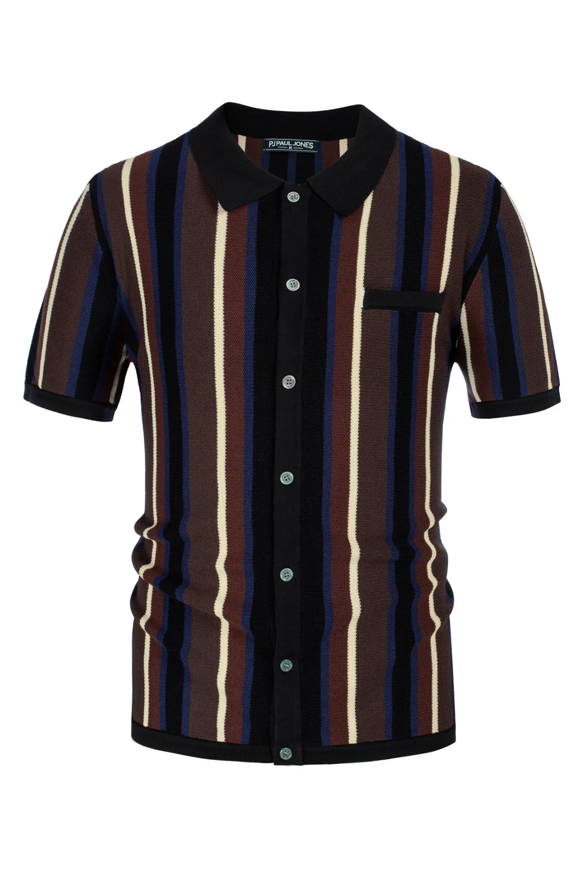 Men’s Short Sleeve Knit Shirt Vintage Stripe Lapel Collar Polo Cardigans Shirts