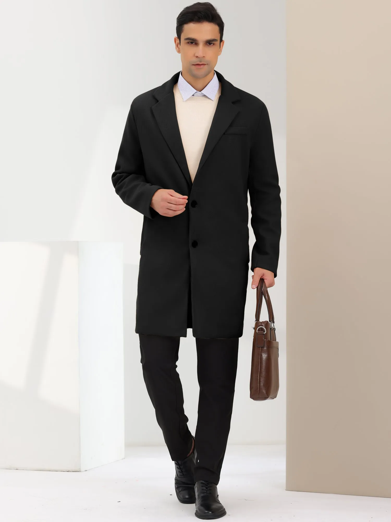 Men's Trench Coat Single Breasted Lapel Collar Mid-Length Solid Overcoat