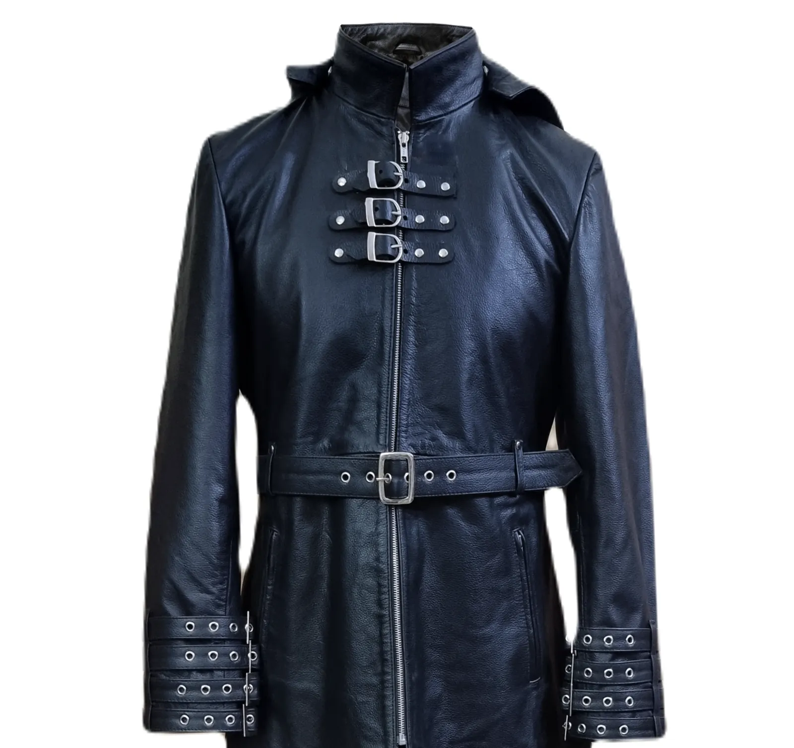 Mens Trench Style Long Coat Removable Hooded Real Cow Leather Steampunk Gothic Coat - T31