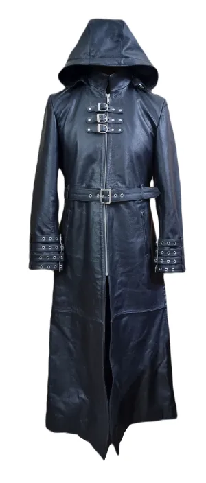 Mens Trench Style Long Coat Removable Hooded Real Cow Leather Steampunk Gothic Coat - T31