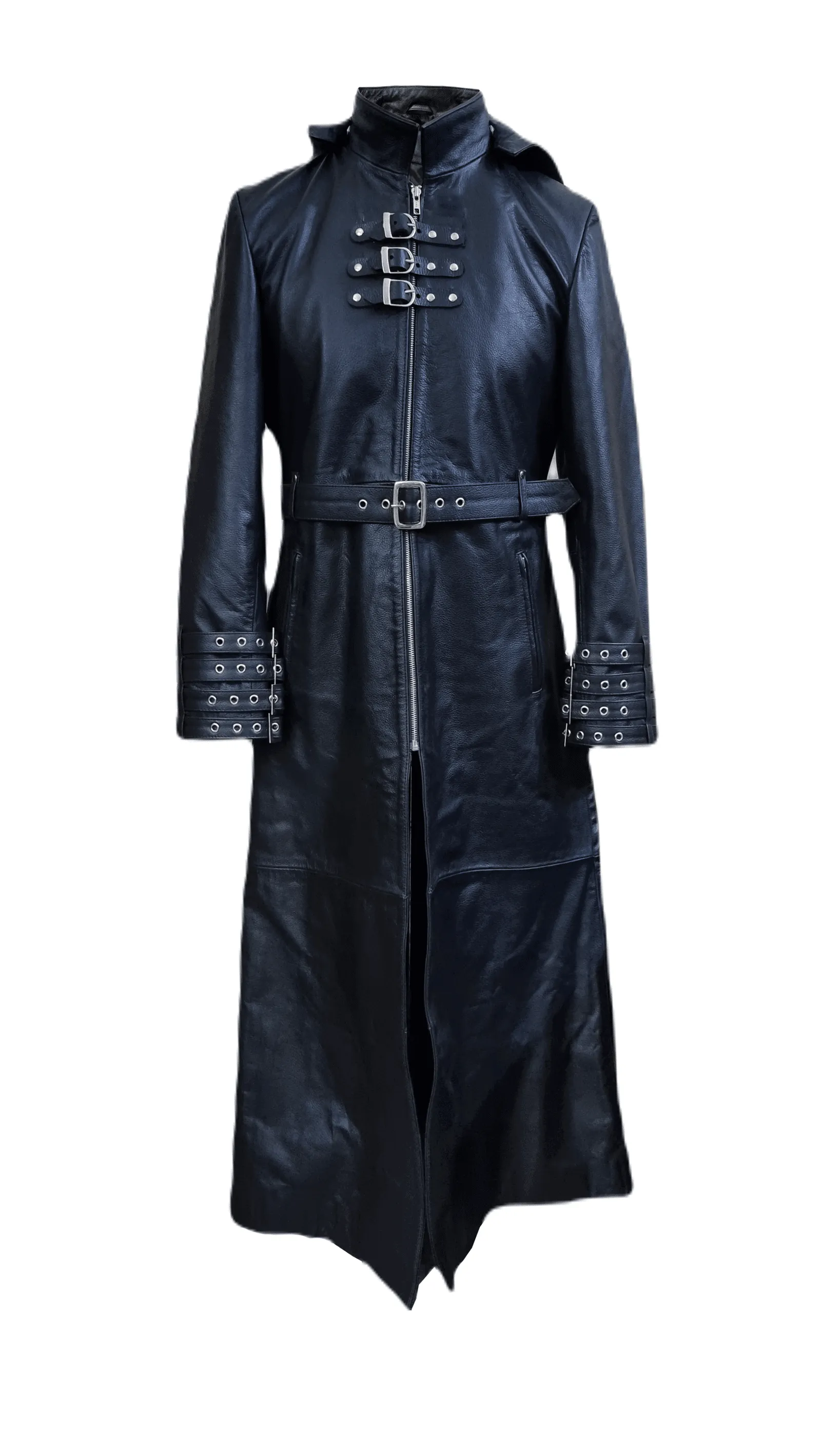 Mens Trench Style Long Coat Removable Hooded Real Cow Leather Steampunk Gothic Coat - T31