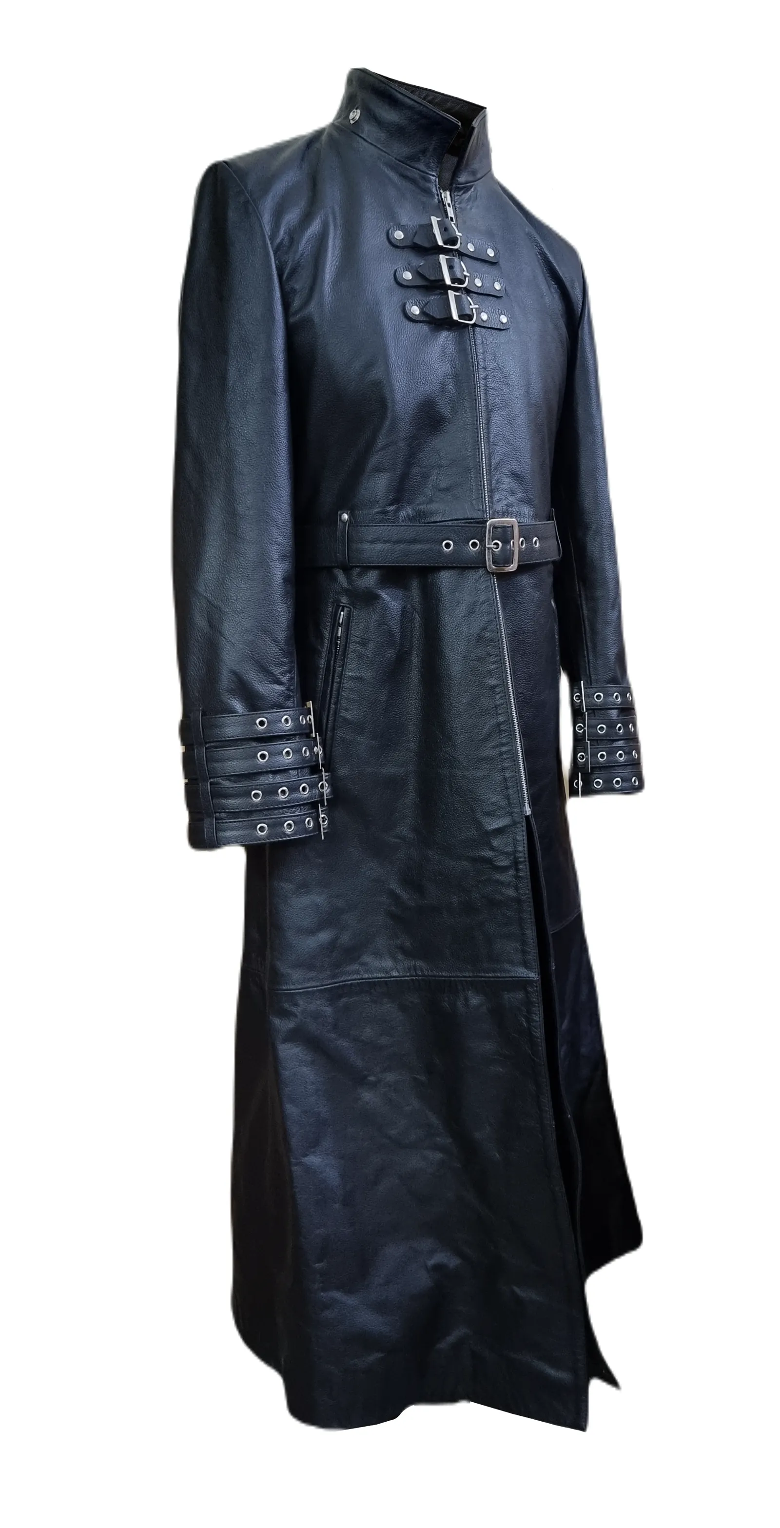 Mens Trench Style Long Coat Removable Hooded Real Cow Leather Steampunk Gothic Coat - T31