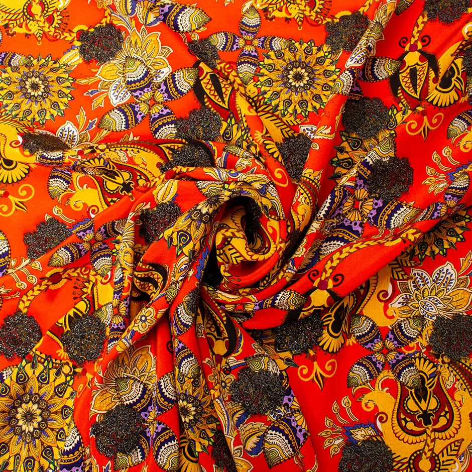 Mustard & Orange Printed Metallic Silk Crêpe de Chine