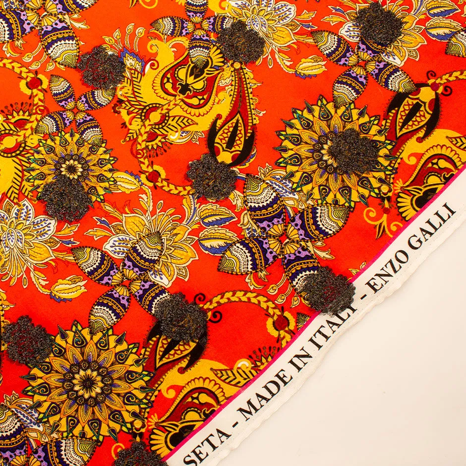 Mustard & Orange Printed Metallic Silk Crêpe de Chine