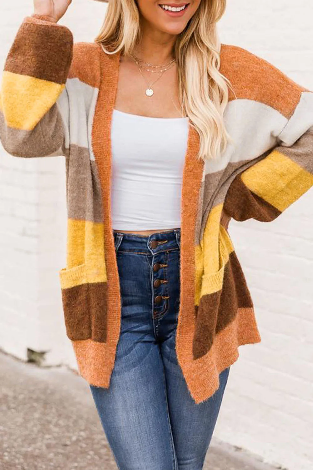 Open Front Pocketed Colorblock Cardigan