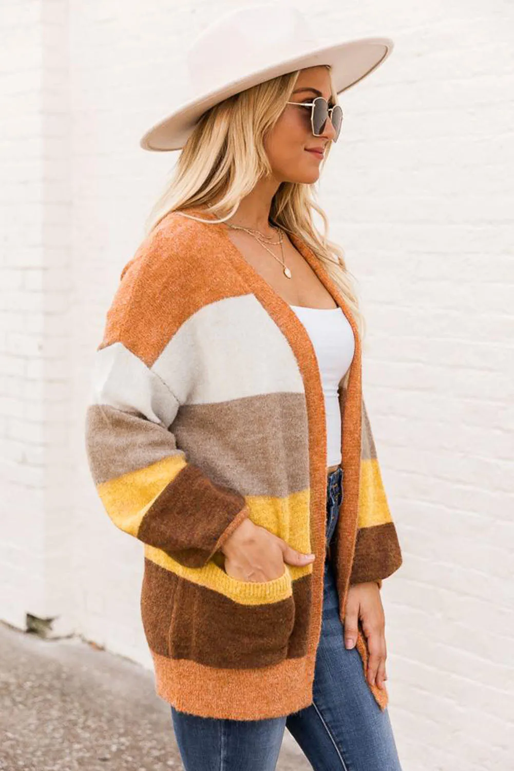 Open Front Pocketed Colorblock Cardigan