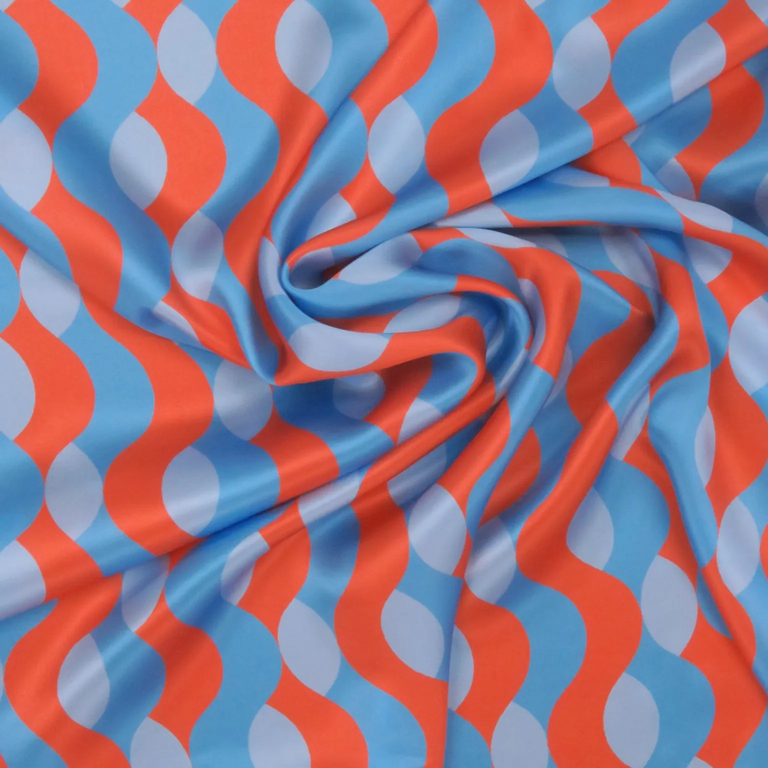 Pale Orange and Light Blue Abstract Waves Printed Silk Charmeuse Fabric