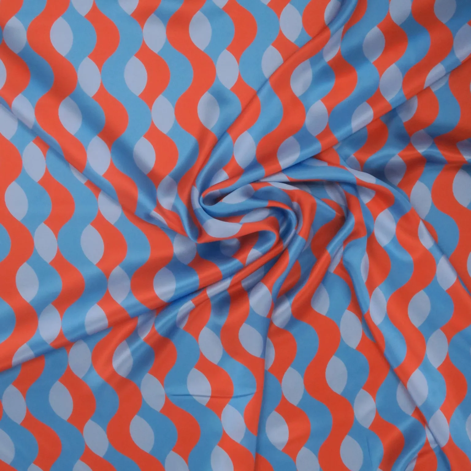 Pale Orange and Light Blue Abstract Waves Printed Silk Charmeuse Fabric