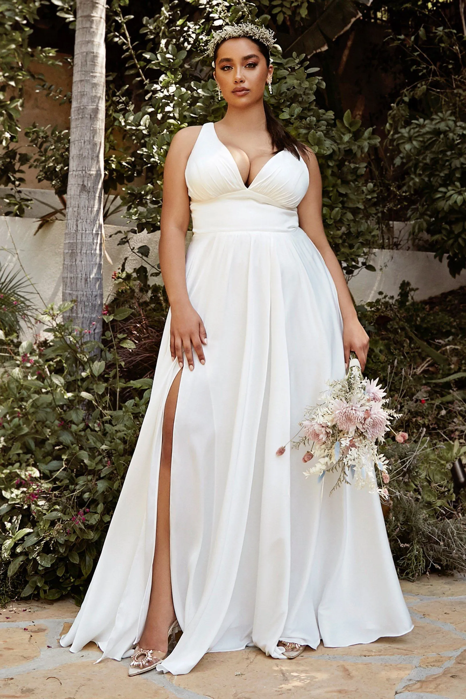 Plus Size White Satin V-Neck Gown by Cinderella Divine 7469WW