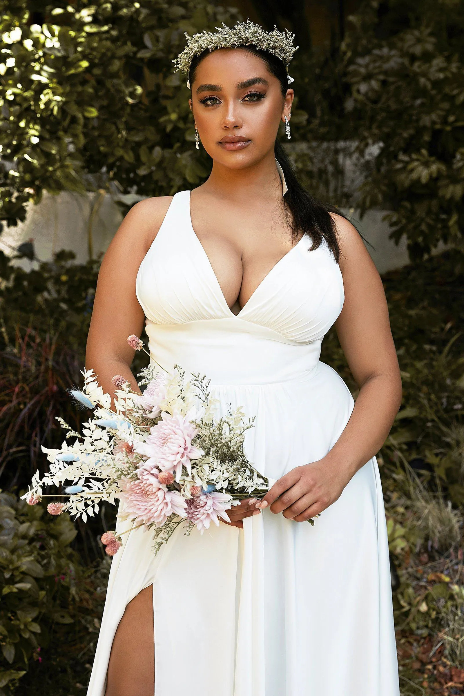 Plus Size White Satin V-Neck Gown by Cinderella Divine 7469WW