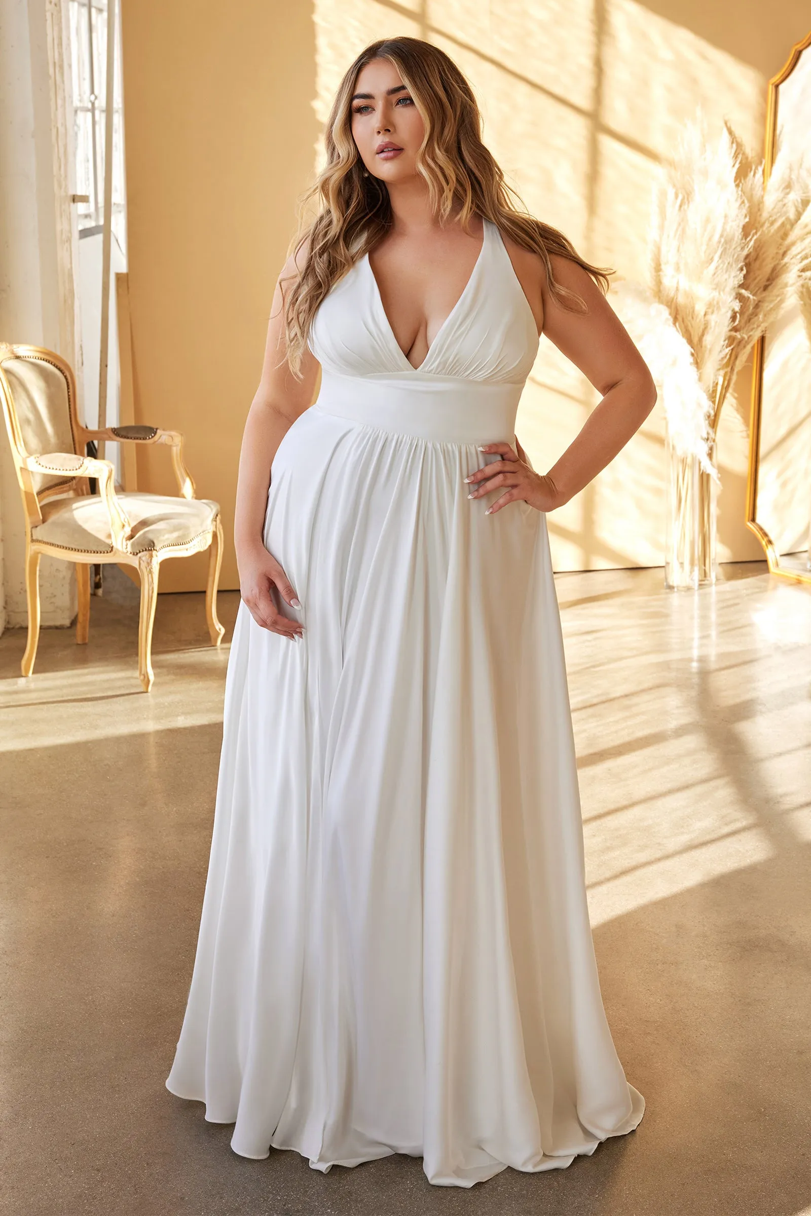 Plus Size White Satin V-Neck Gown by Cinderella Divine 7469WW