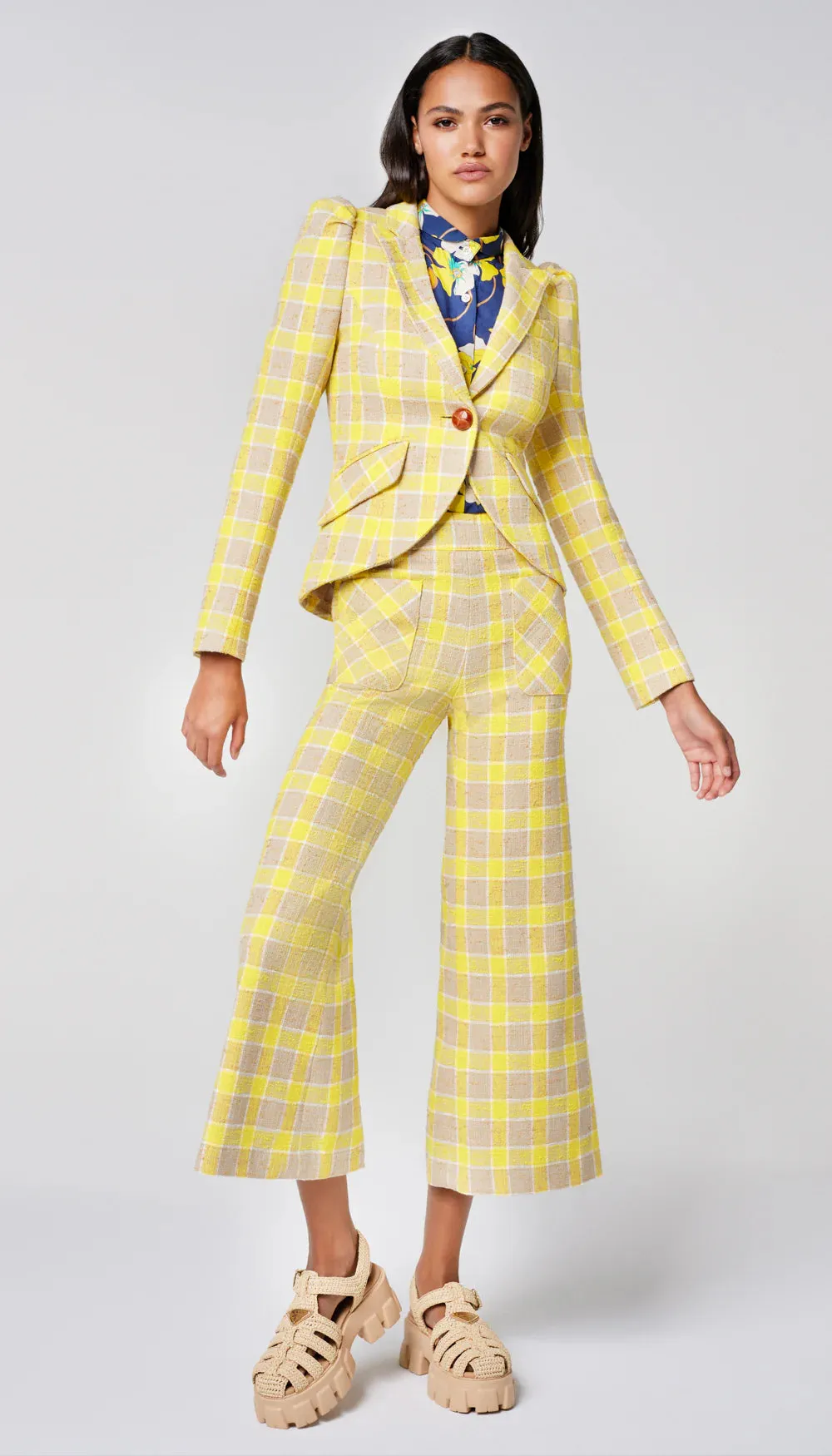 Pouf Sleeve One Button Blazer - Yellow Check