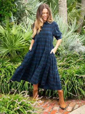 Rebecca Flannel Midi Dress - Blue Black Plaid