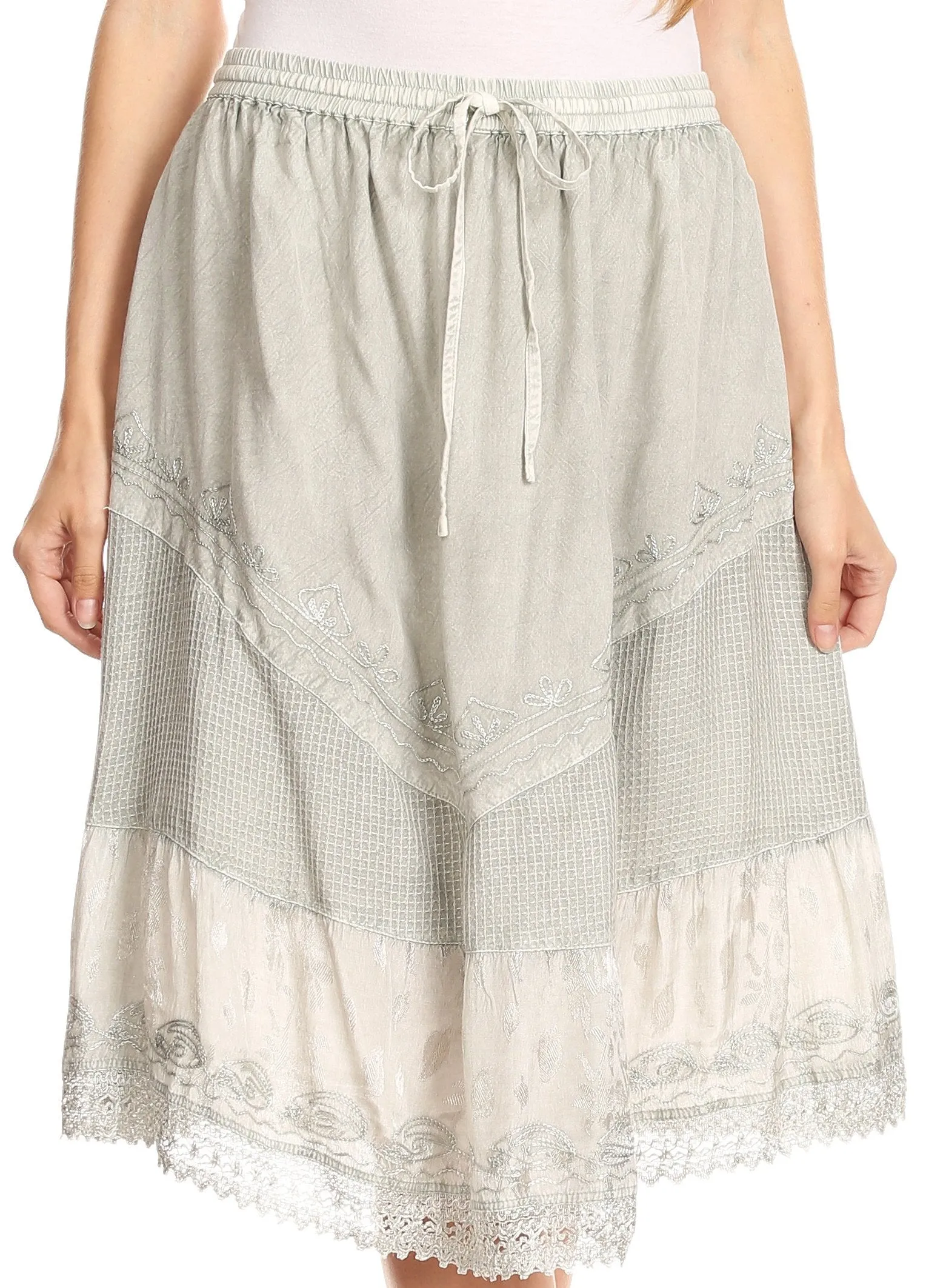 Sakkas Beren Mid Skirt Flared with Elastic Waist Embroidery Brocade and Crochet