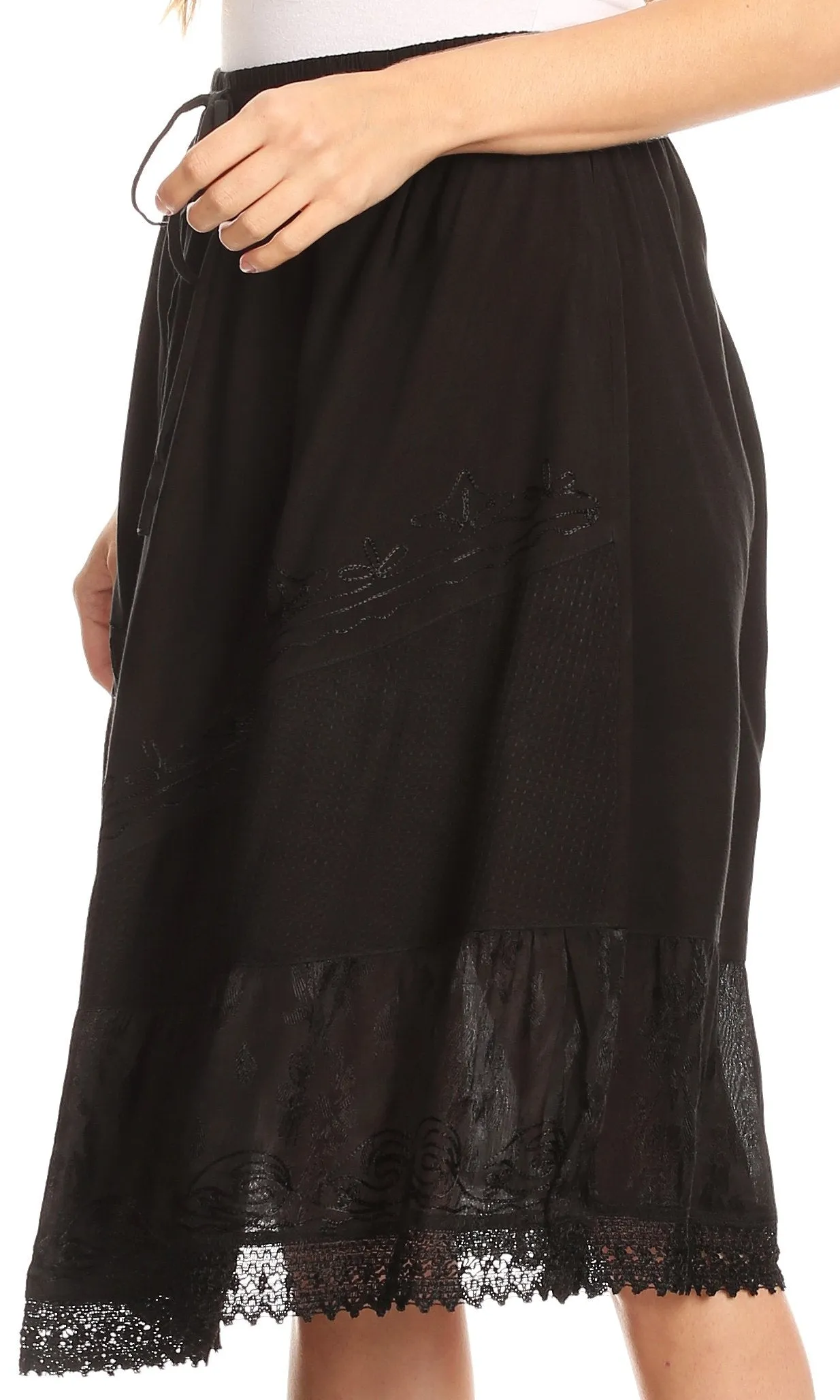 Sakkas Beren Mid Skirt Flared with Elastic Waist Embroidery Brocade and Crochet