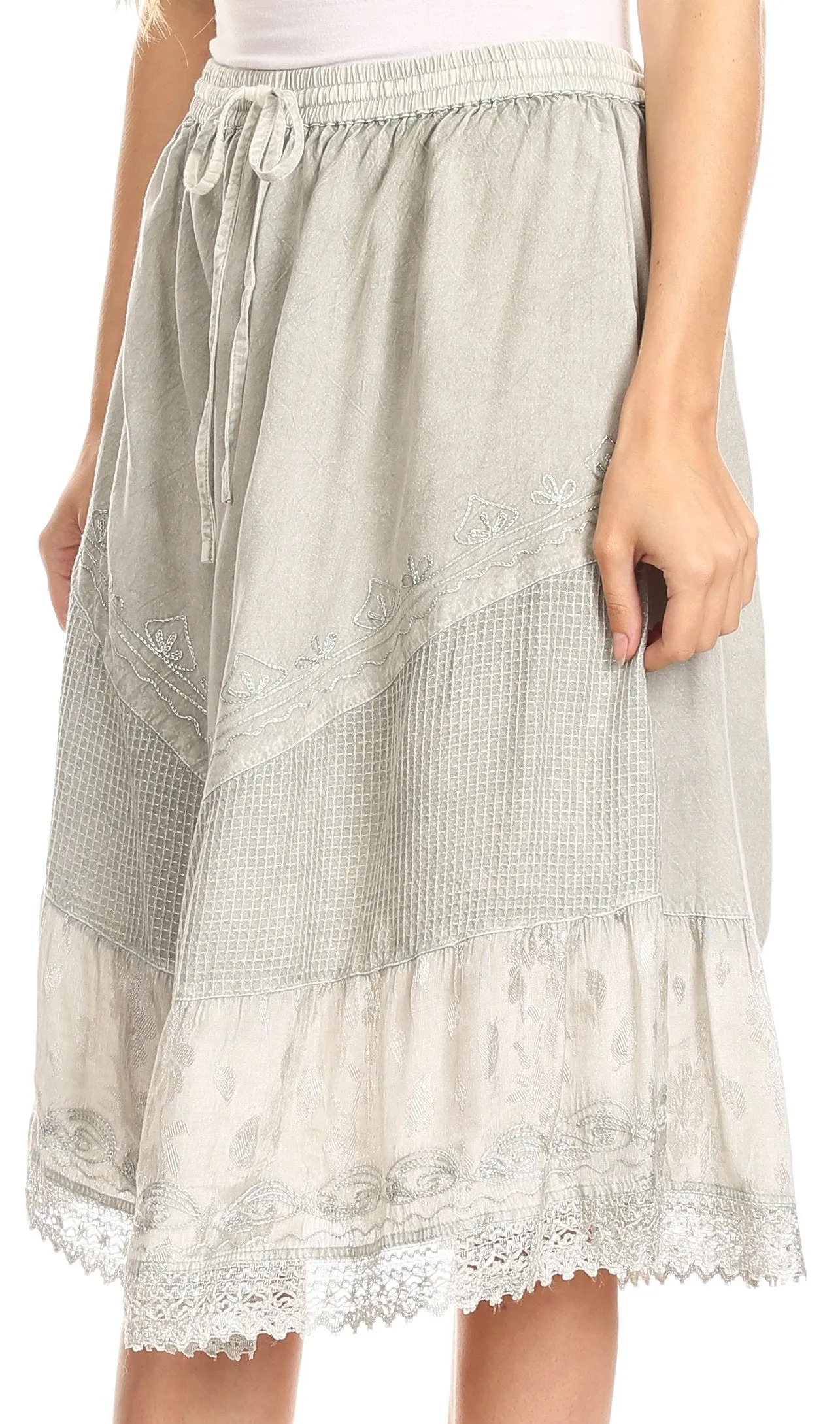 Sakkas Beren Mid Skirt Flared with Elastic Waist Embroidery Brocade and Crochet