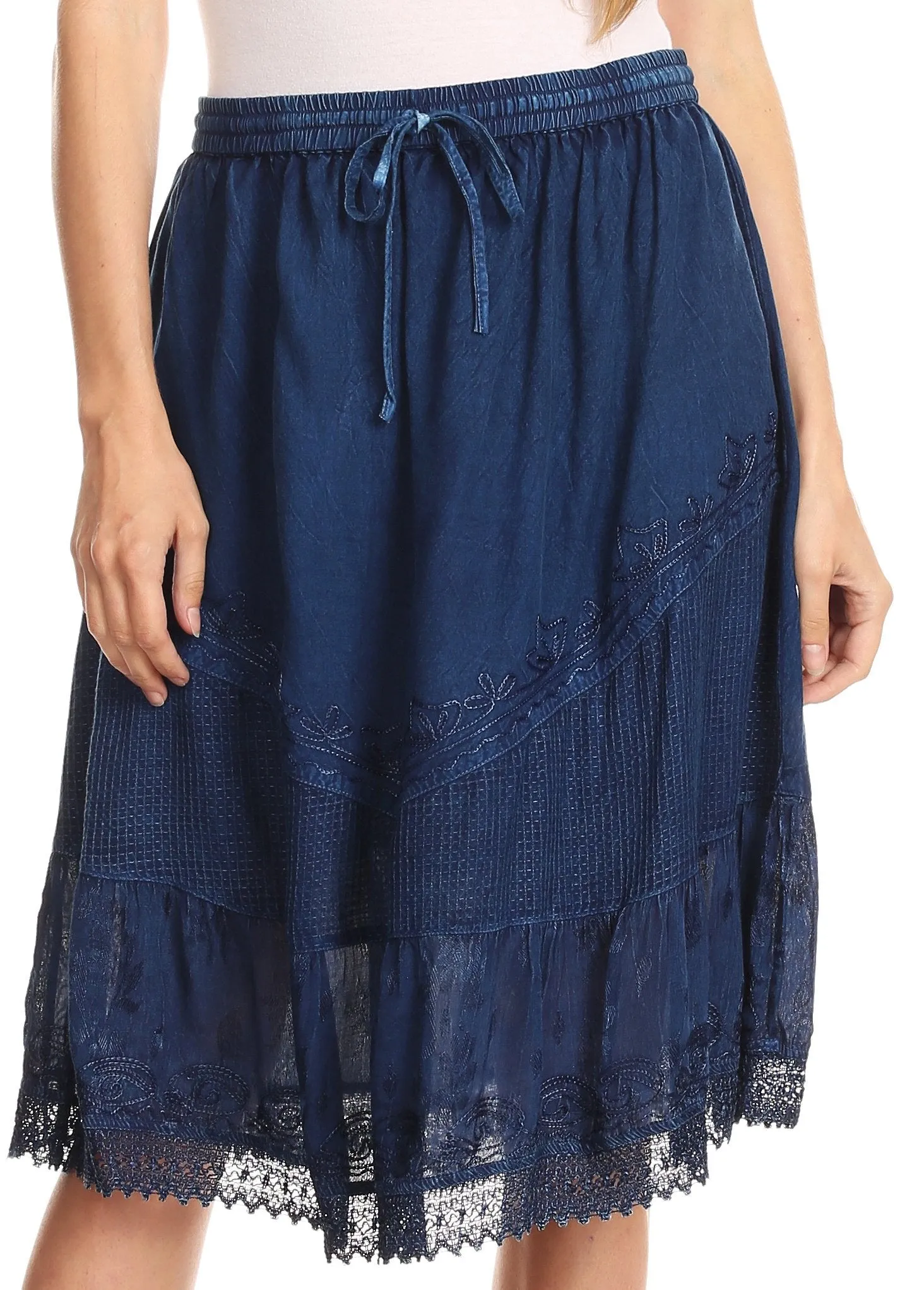 Sakkas Beren Mid Skirt Flared with Elastic Waist Embroidery Brocade and Crochet