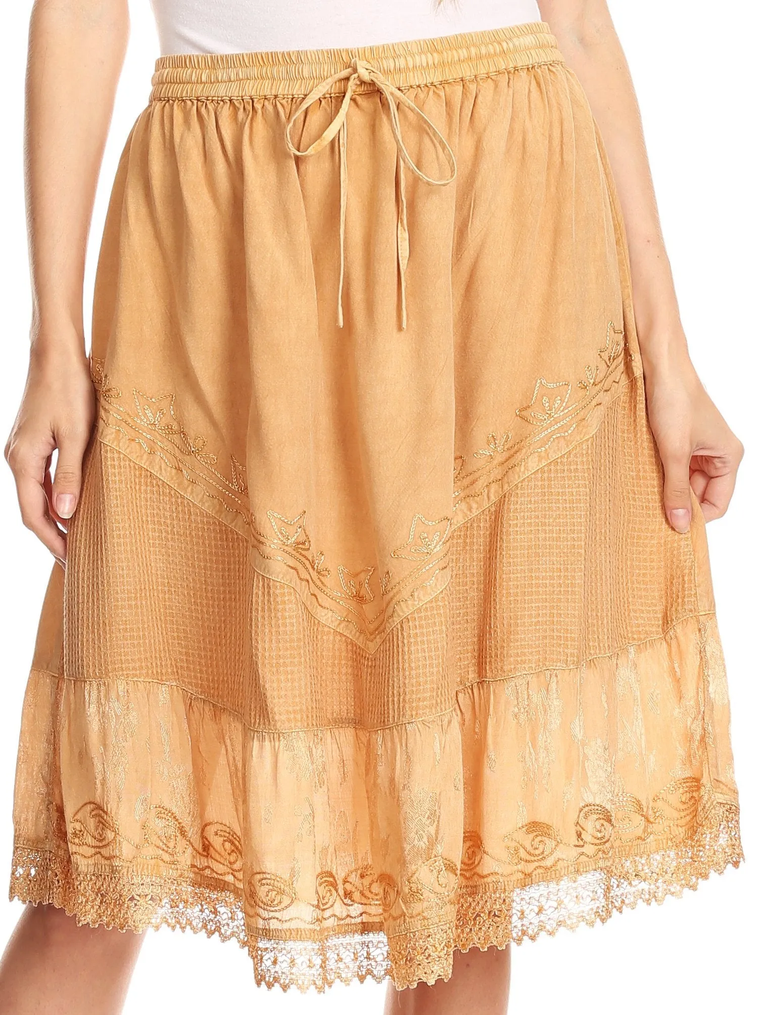 Sakkas Beren Mid Skirt Flared with Elastic Waist Embroidery Brocade and Crochet