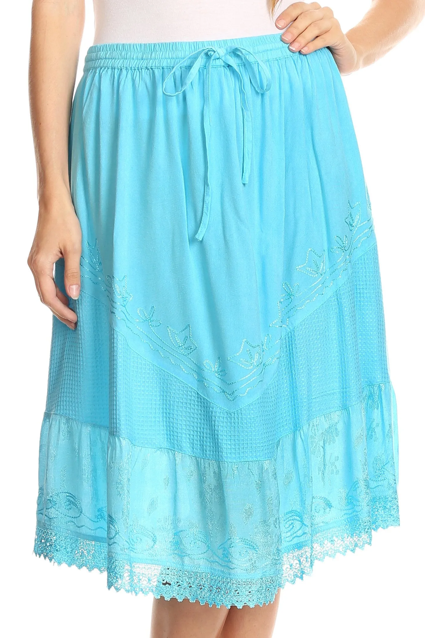 Sakkas Beren Mid Skirt Flared with Elastic Waist Embroidery Brocade and Crochet