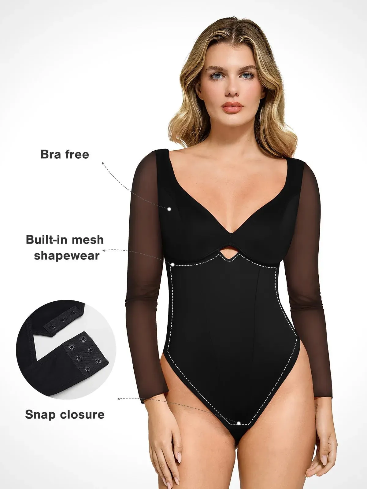 Shapewear Mesh Sleeve Cutout Sweetheart Sculpting Bodysuit