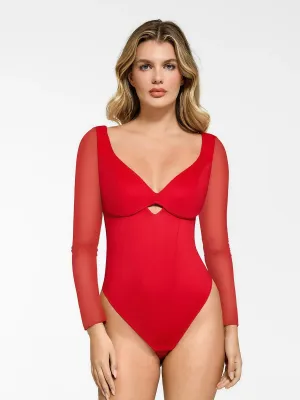 Shapewear Mesh Sleeve Cutout Sweetheart Sculpting Bodysuit