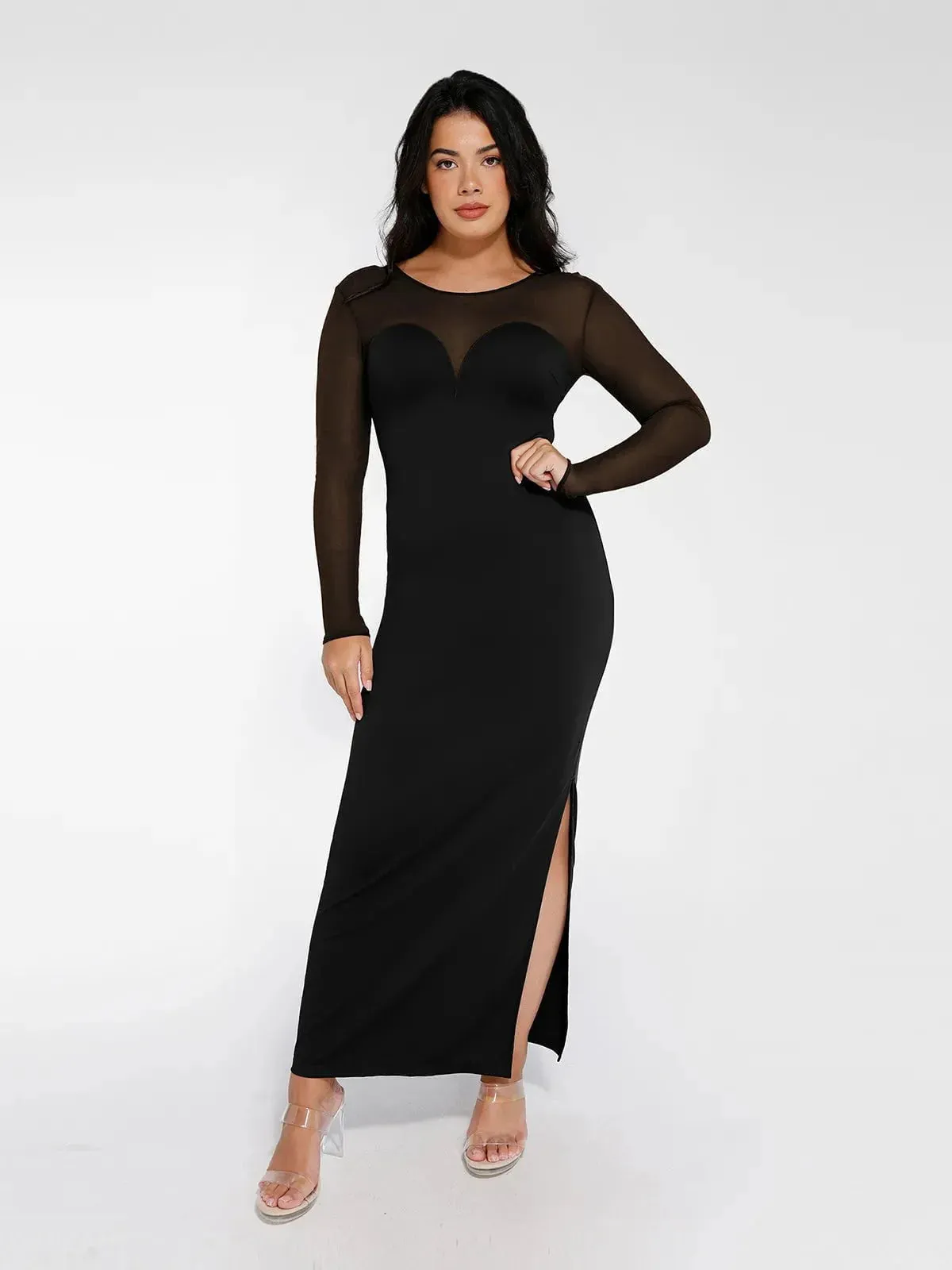 The Shapewear Dress Long Sleeve Sheer Mesh Maxi