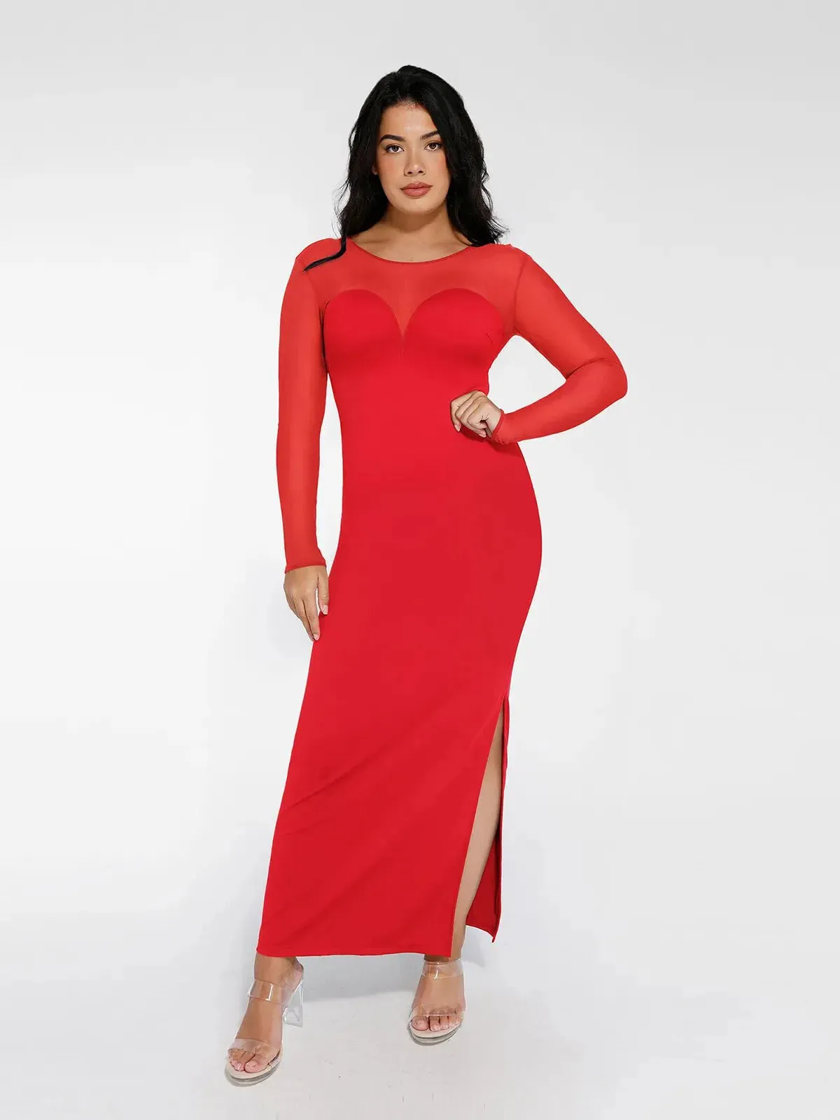 The Shapewear Dress Long Sleeve Sheer Mesh Maxi