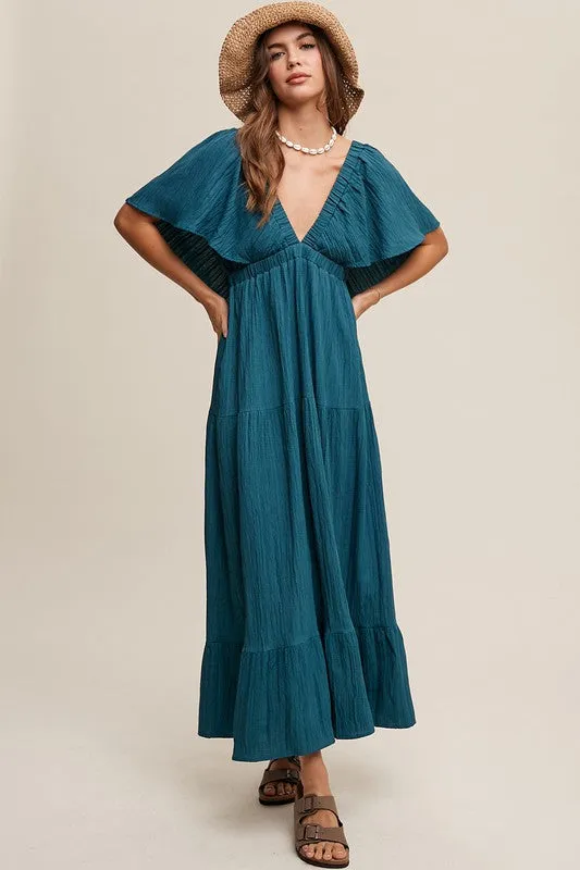 V-neck Ruffle Sleeve Flowy Maxi Dress