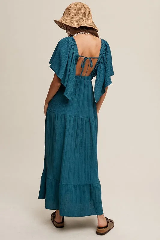 V-neck Ruffle Sleeve Flowy Maxi Dress