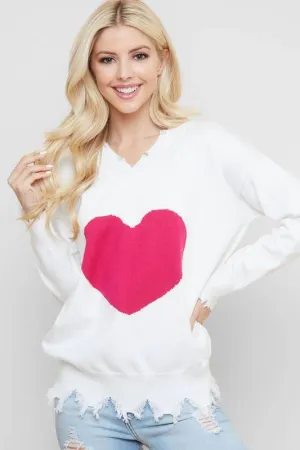 White V Neck Pink Heart Print Distressed Trim Sweater Top