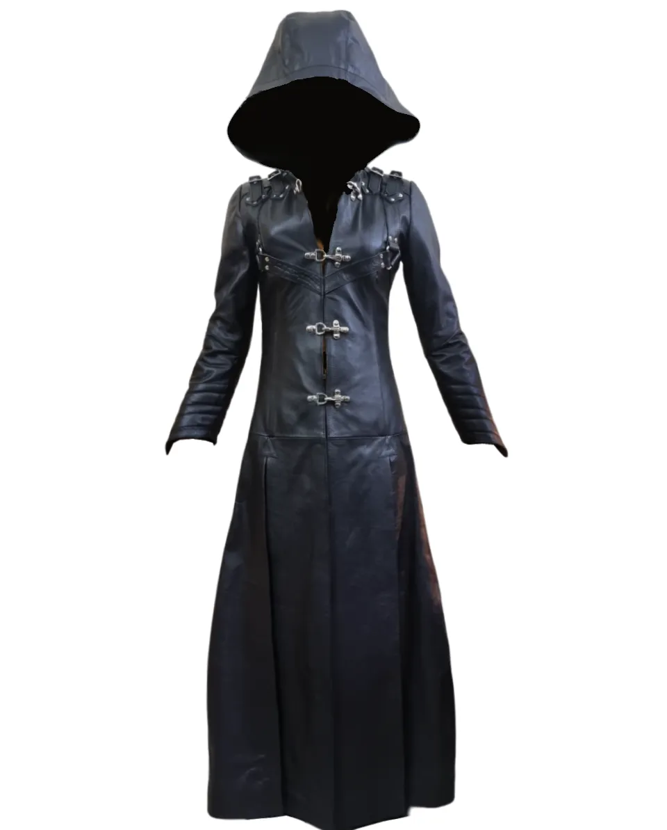 Women Real Leather Black Coat Genuine Trench Classic Steampunk Goth Style Coat JT31