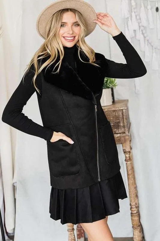 Womens Black Faux Suede Winter Vest Jacket