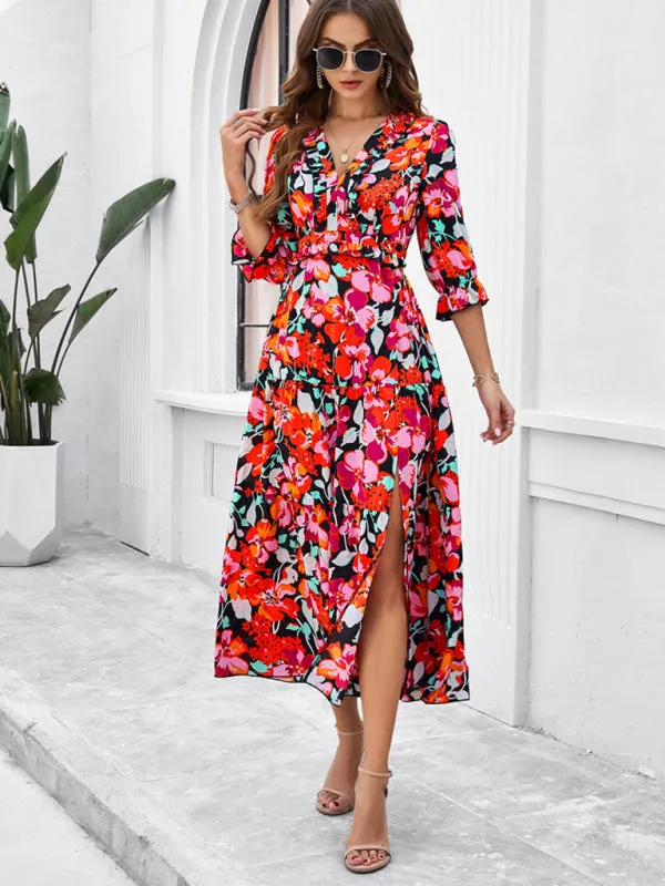 Women's Printed V-Neck Long Length Flowy Dress With Front Thigh Split