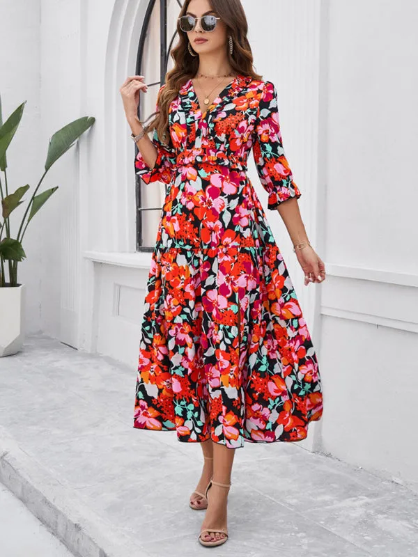 Women's Printed V-Neck Long Length Flowy Dress With Front Thigh Split