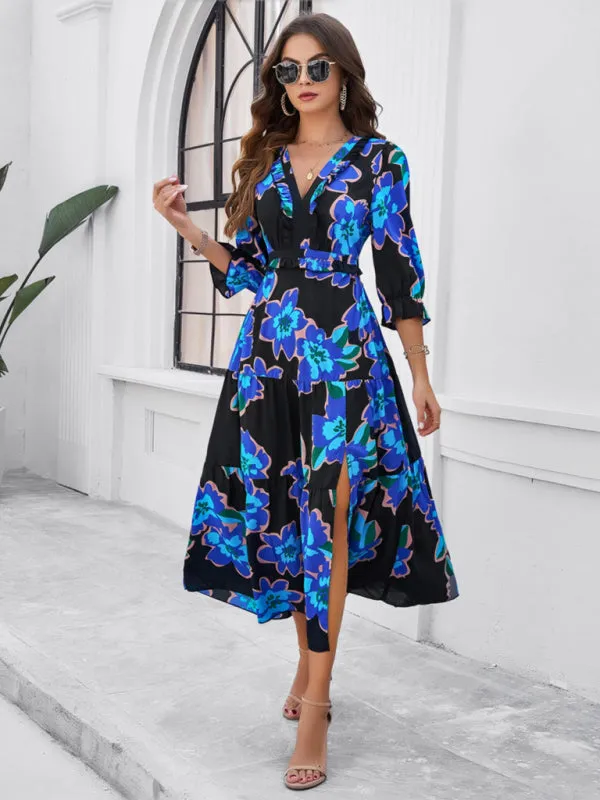 Women's Printed V-Neck Long Length Flowy Dress With Front Thigh Split